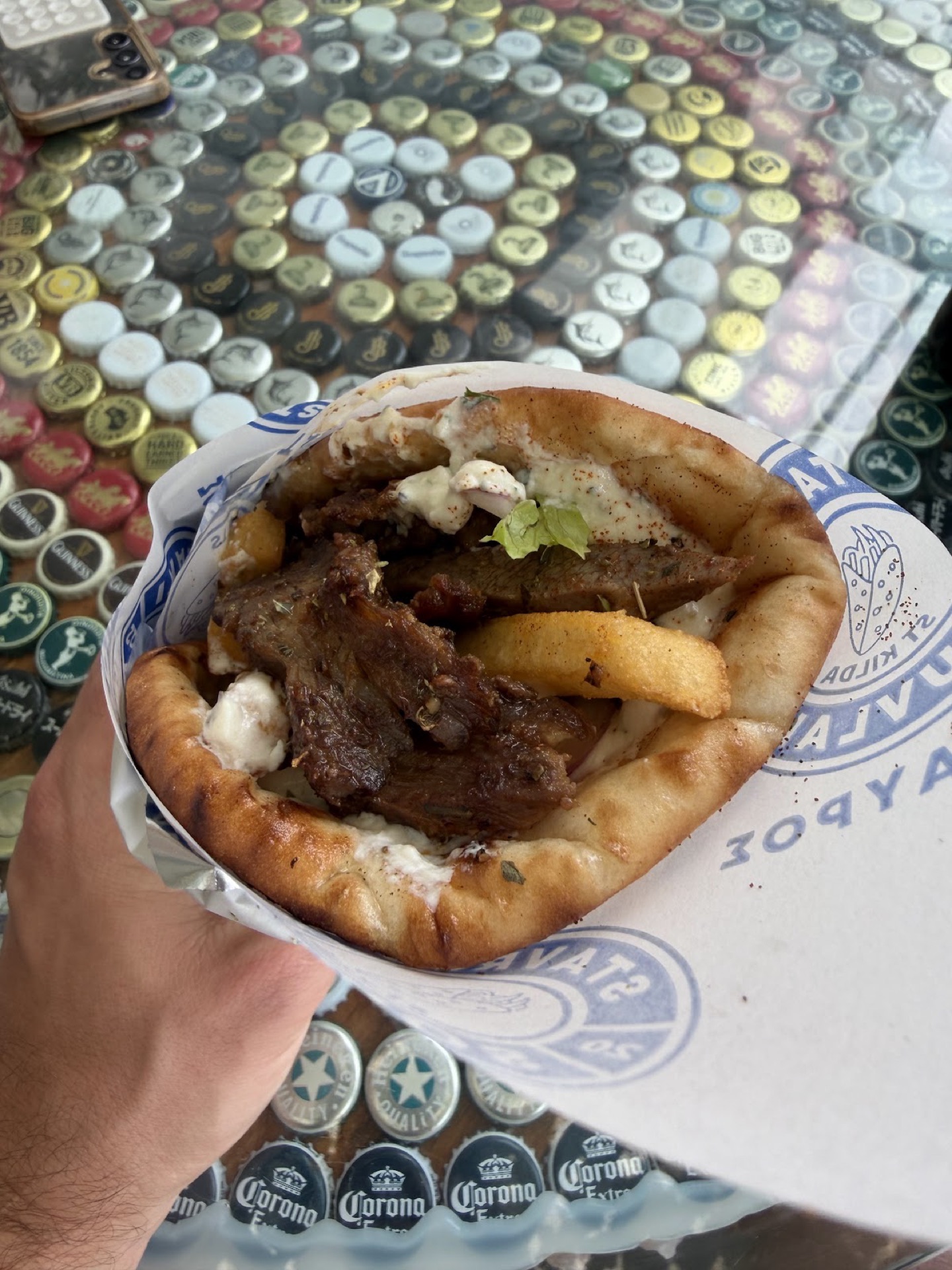 Stavros souvlaki wrap with pita, chips and tzatziki